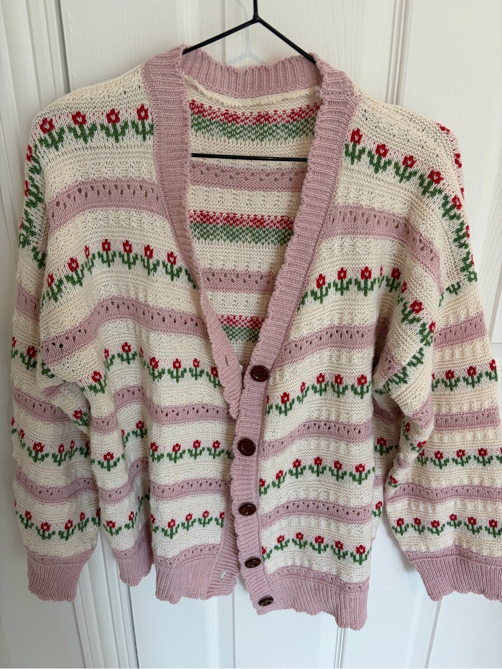 Women's Cream & Pink Floral Knit Button-Front Sweater Cardigan